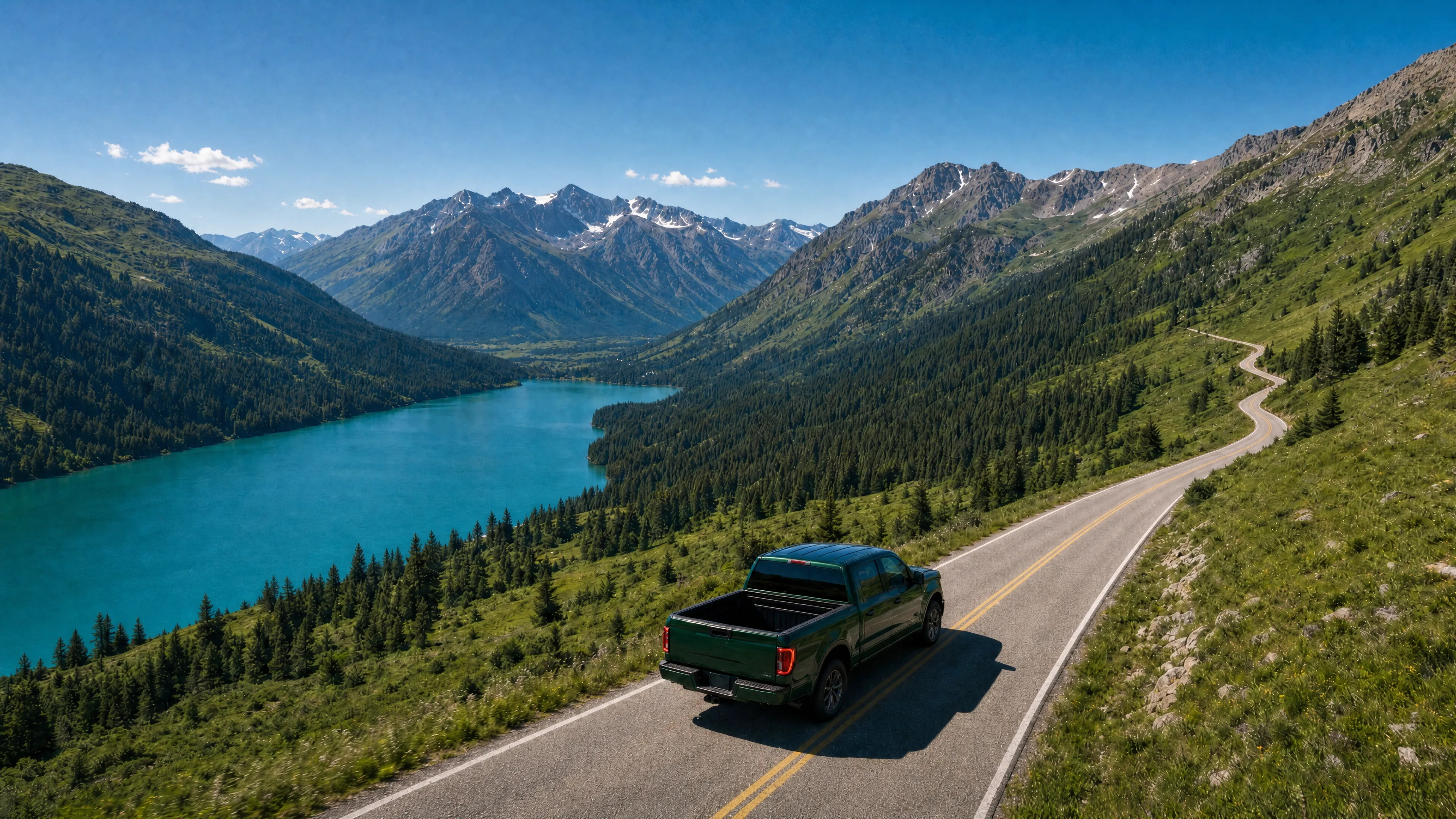 A pickup truck on a mountain road above a turquoise alpine lake